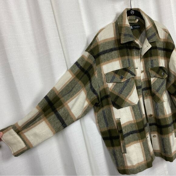 Zara Blogger Favorite Green&Beige Wool Blend Plaid Shacket Sz.M - Picture 8 of 15
